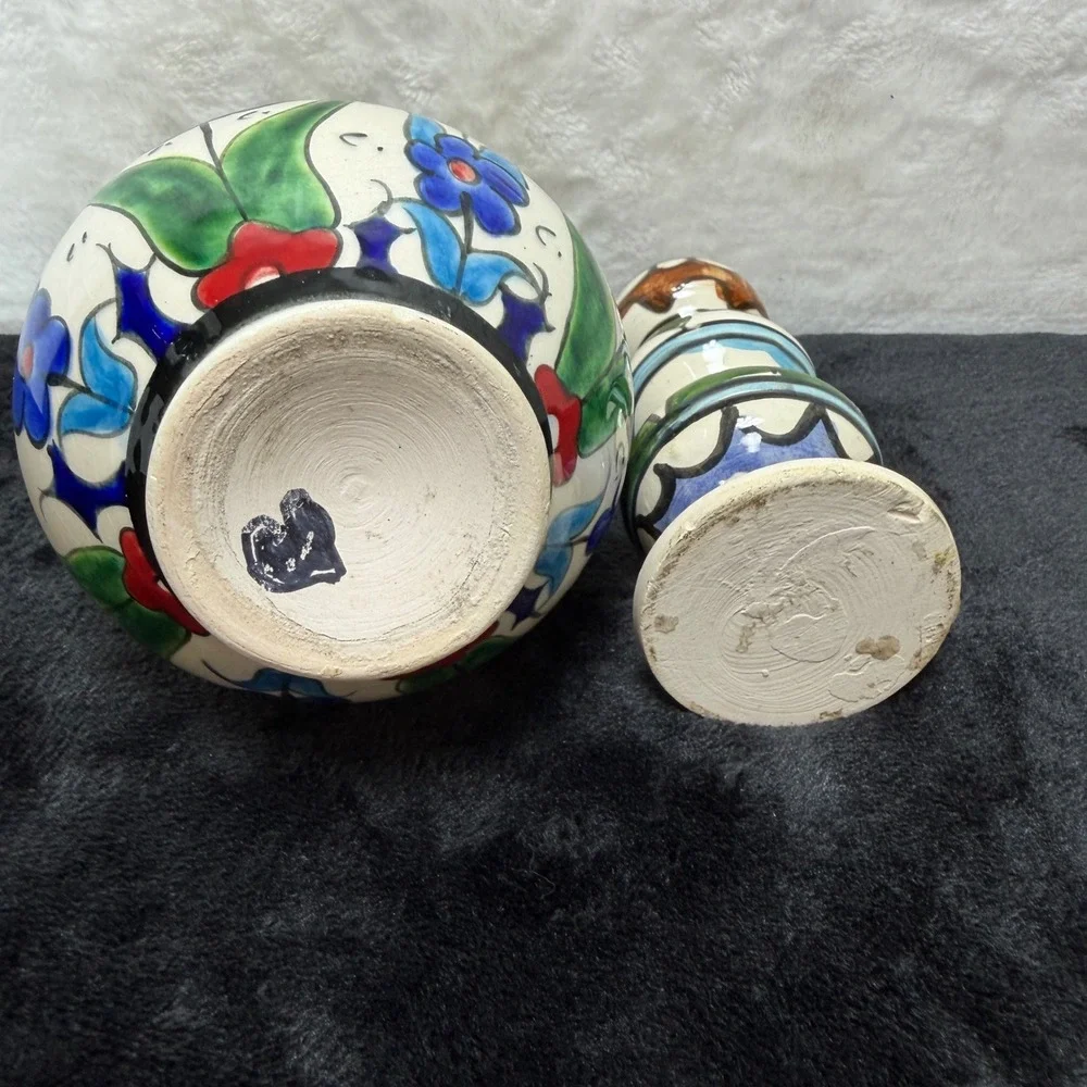 2 Hand Painted Turkish Iznik Style Ceramic Bud Vases Set Floral Red Blue‎ Yellow